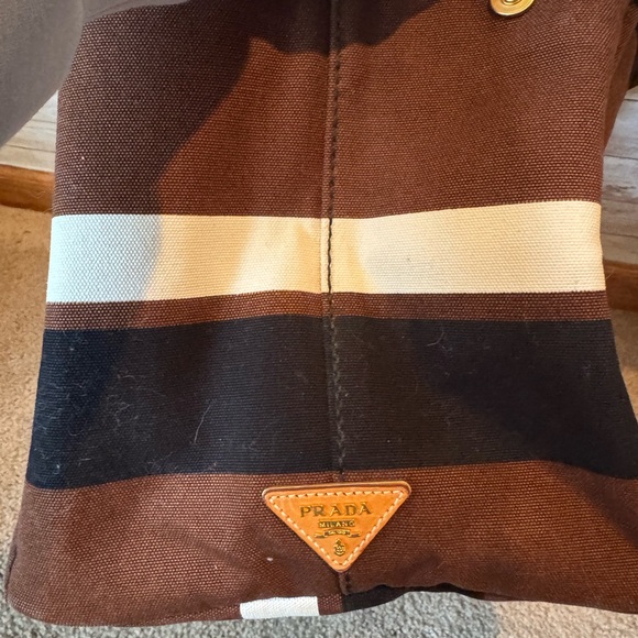 Authentic Prada Canvas Striped Tote Bag Brown Cream Large Shopper - Picture 3 of 13